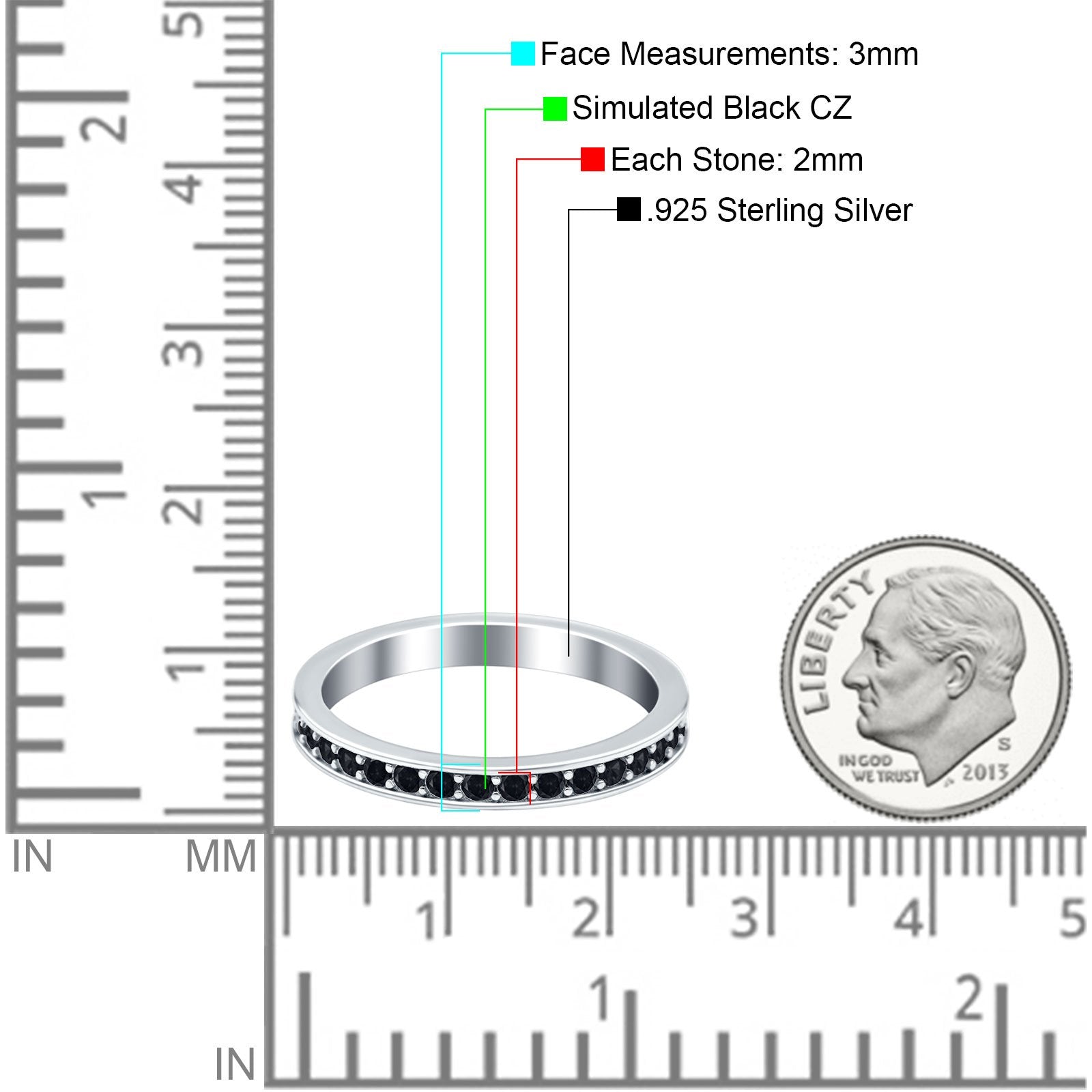 Full Eternity Stackable Band Wedding Ring Simulated Black CZ 925 Sterling Silver