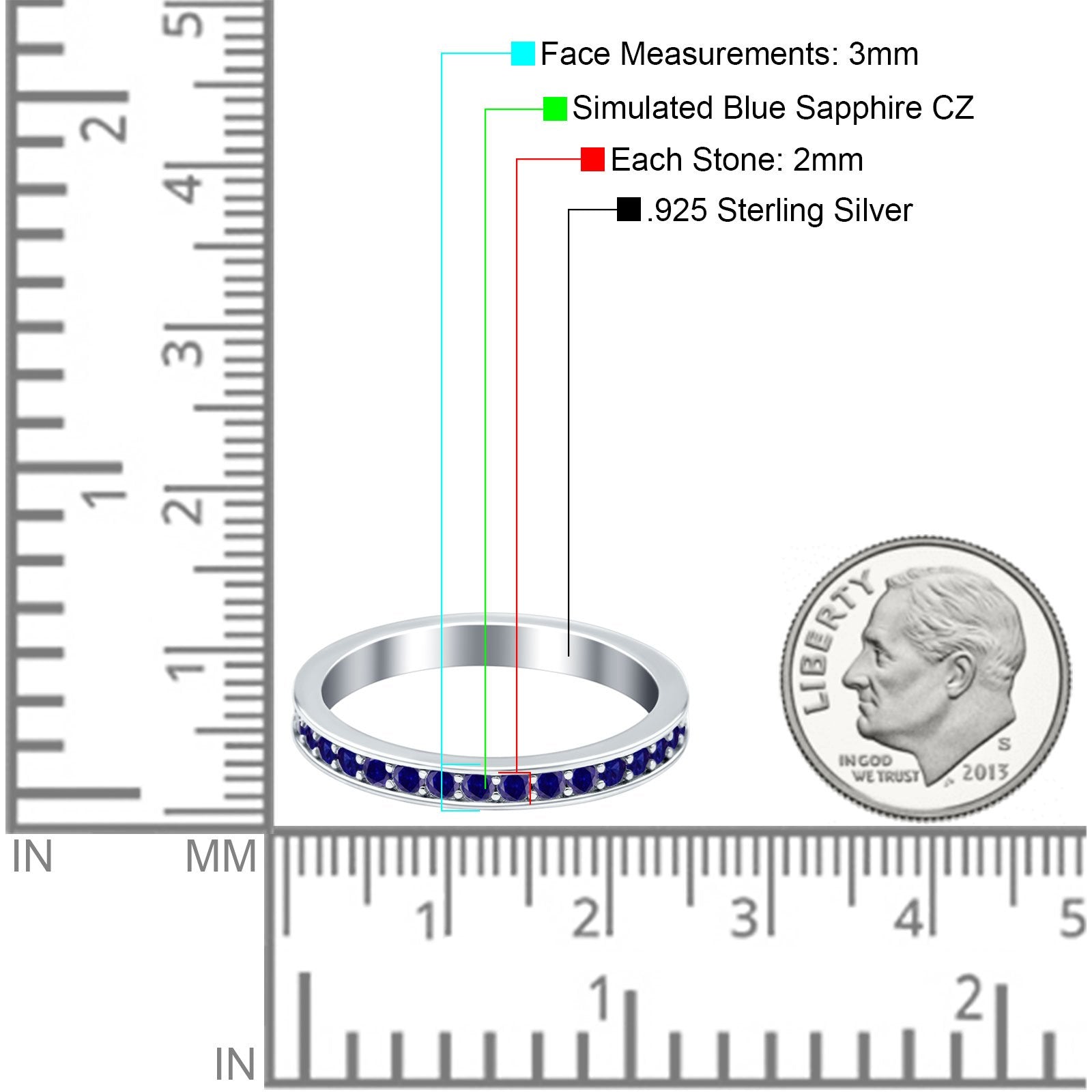 Full Eternity Stackable Band Wedding Ring Simulated Blue Sapphire CZ 925 Sterling Silver