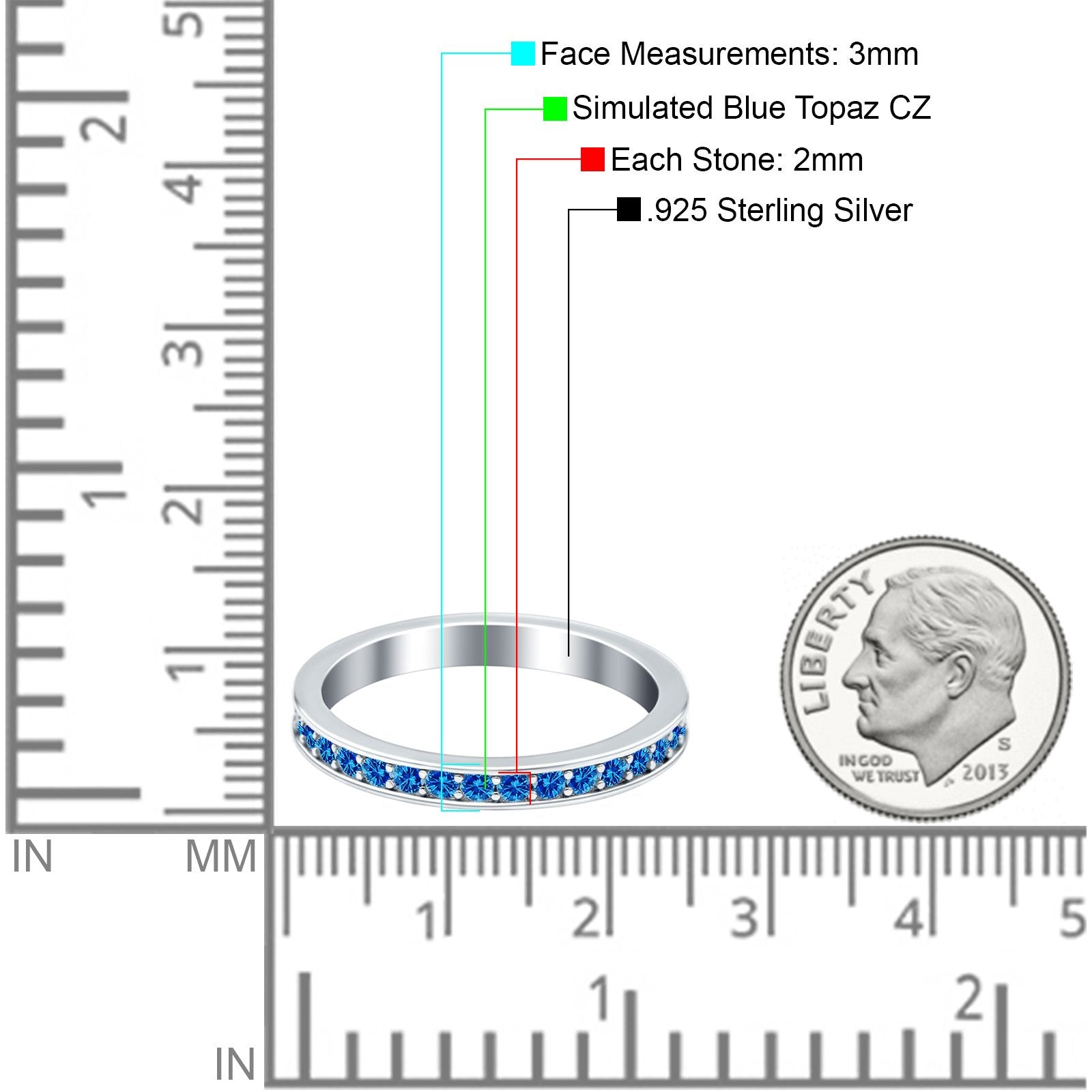Full Eternity Stackable Band Wedding Ring Simulated Blue Topaz CZ 925 Sterling Silver