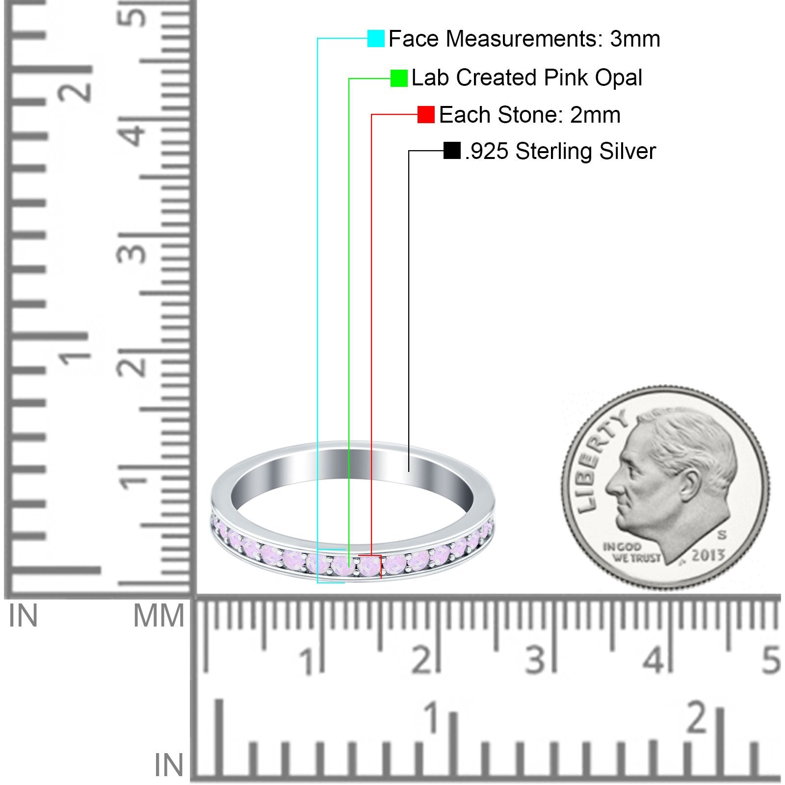 Full Eternity Stackable Band Wedding Ring Lab Created Pink Opal 925 Sterling Silver