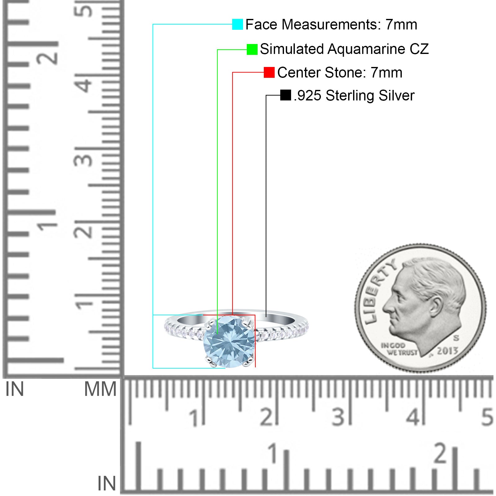Art Deco Wedding Bridal Ring Half Eternity Round Simulated Aquamarine CZ 925 Sterling Silver
