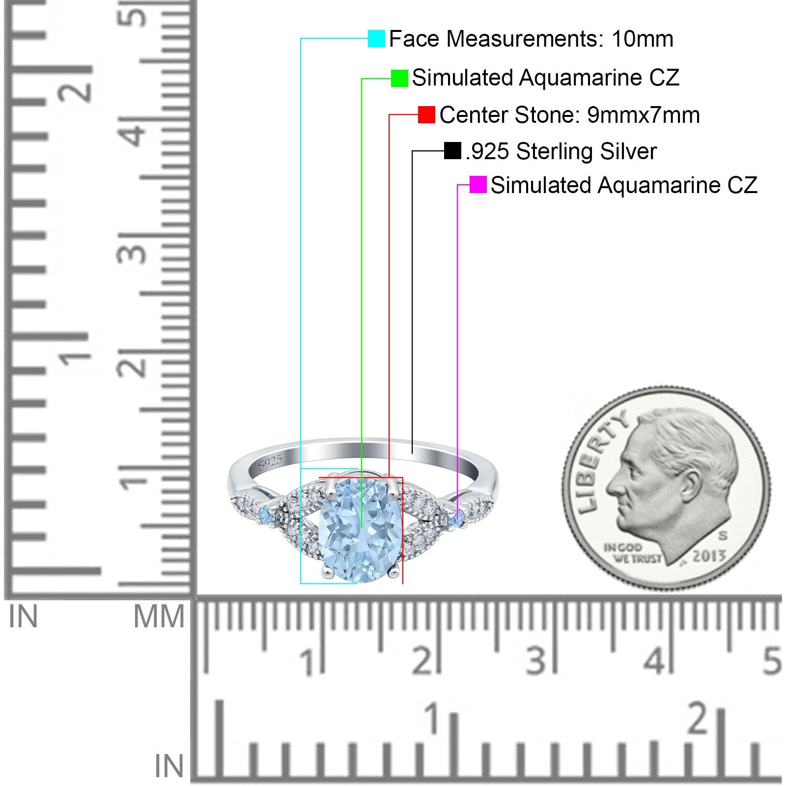 Oval Art Deco Wedding Ring Accent Vintage Simulated Aquamarine CZ 925 Sterling Silver