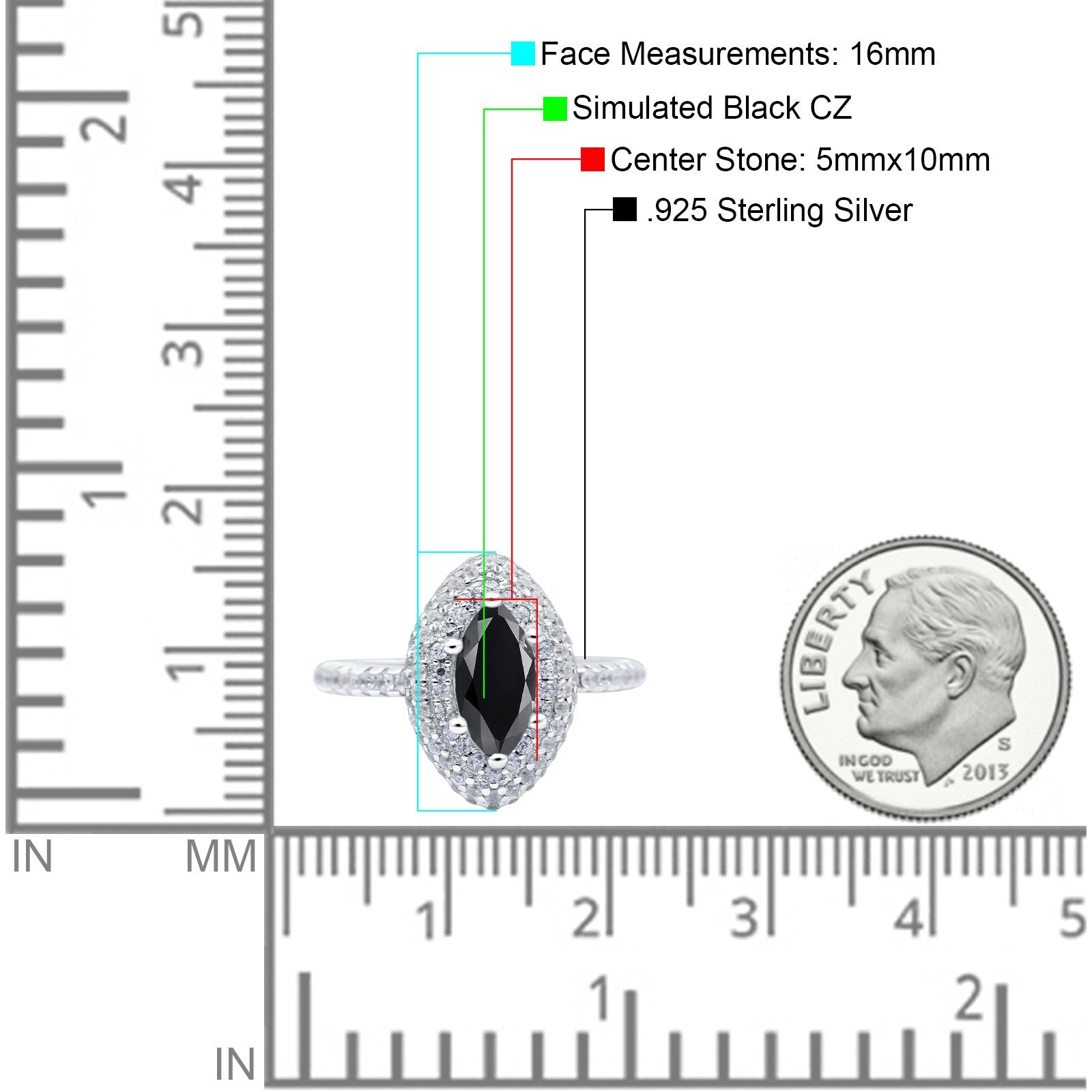 Halo Art Deco Marquise Wedding Ring Simulated Black CZ 925 Sterling Silver