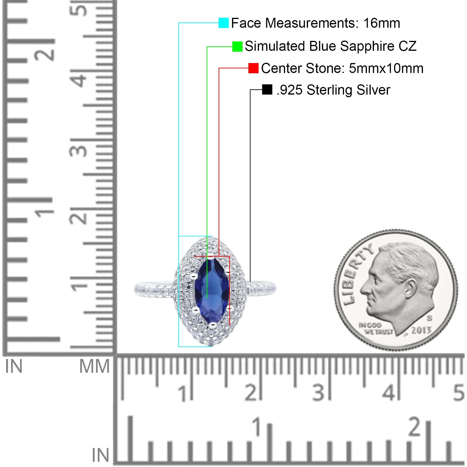 Halo Art Deco Marquise Wedding Ring Simulated Blue Sapphire CZ 925 Sterling Silver