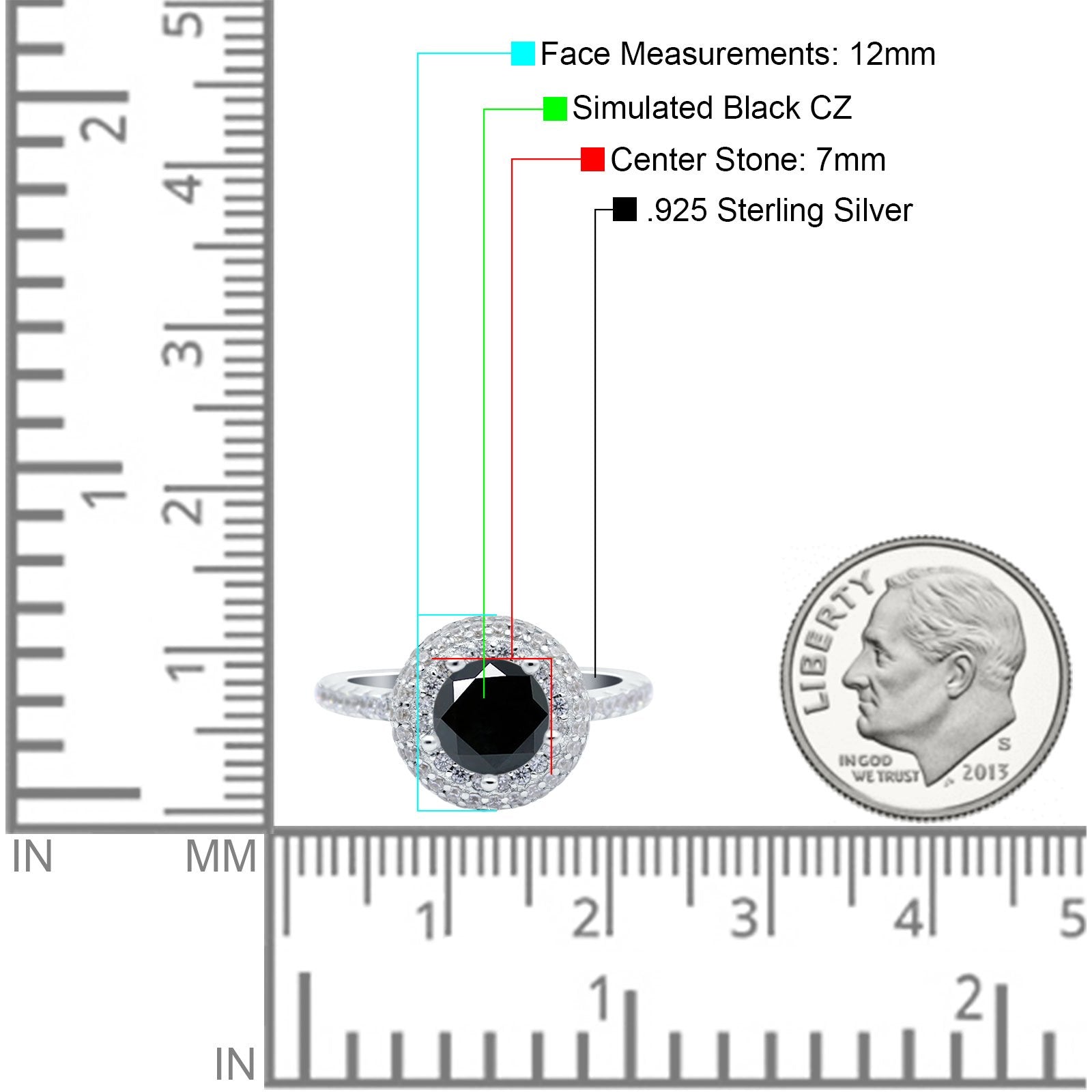 Halo Art Deco Wedding Ring Round Simulated Black CZ 925 Sterling Silver
