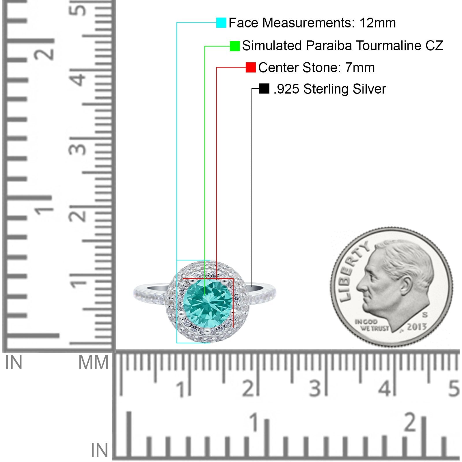 Halo Art Deco Wedding Ring Round Simulated Paraiba Tourmaline CZ 925 Sterling Silver