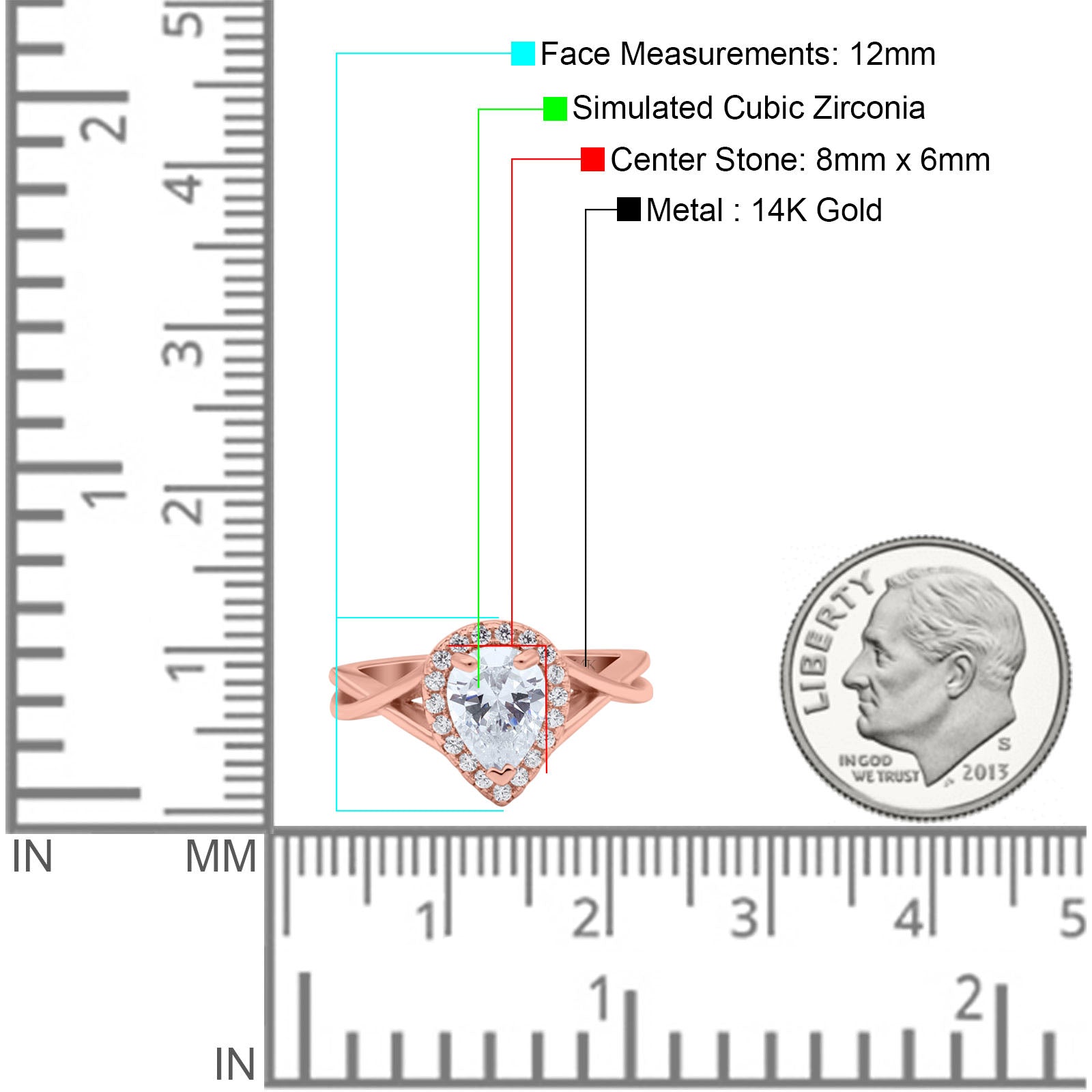 14K Rose Gold Teardrop Pear Halo Twist Infinity Shank Art Deco Engagement Wedding Bridal Ring Round Simulated CZ Size-7