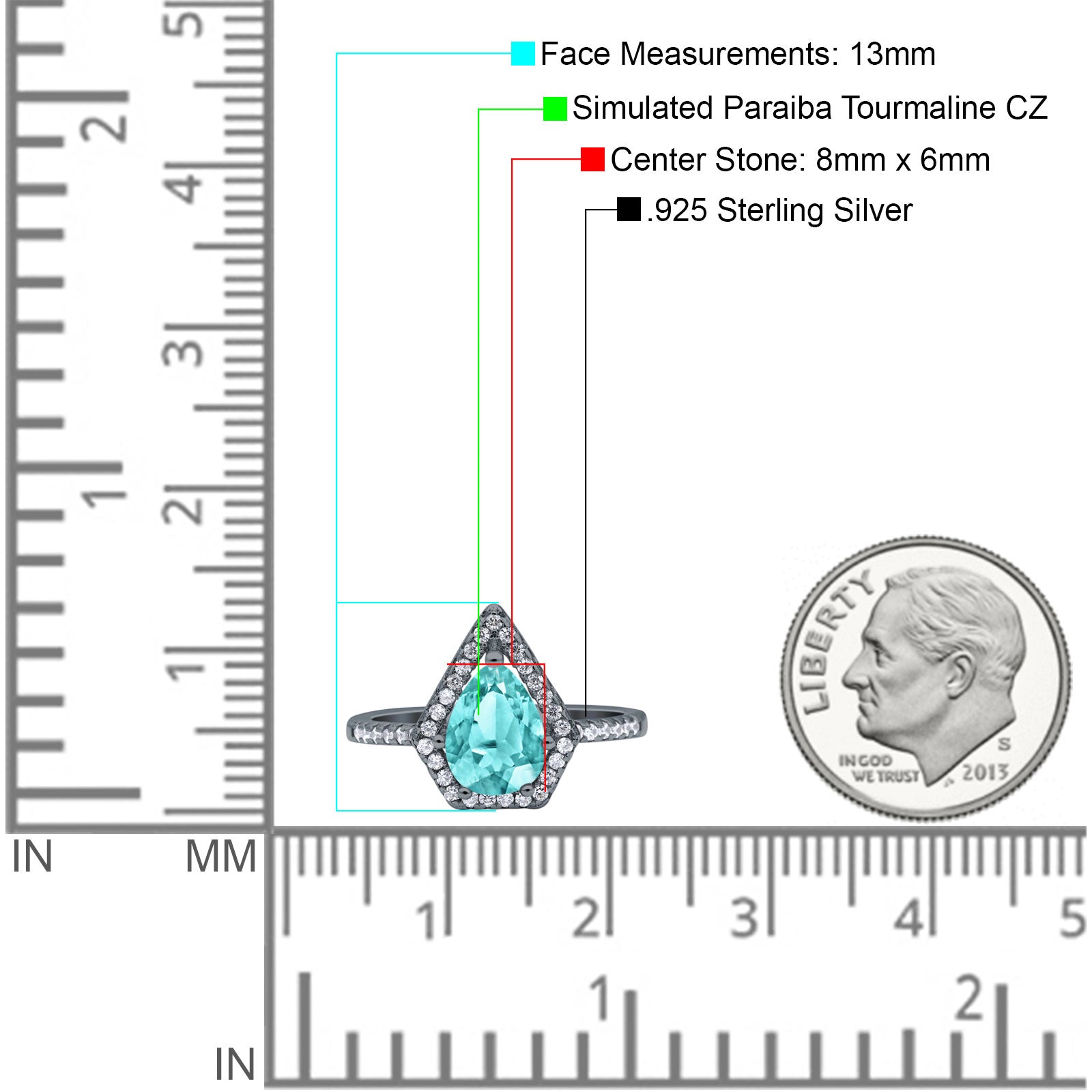 Halo Art Deco Solitaire Accent Pear Wedding Bridal Ring Black Tone, Simulated Paraiba Tourmaline CZ 925 Sterling Silver