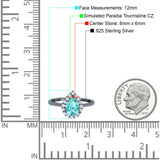 Teardrop Halo Art Deco Pear Wedding Ring Black Tone, Simulated Paraiba Tourmaline CZ 925 Sterling Silver