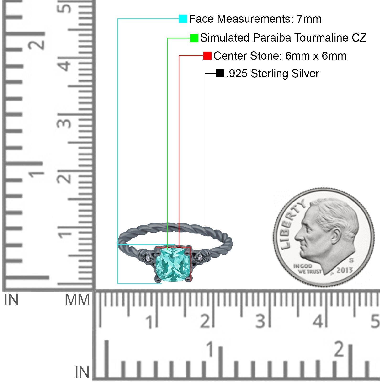 Art Deco Cushion Three Stone Wedding Bridal Ring Black Tone, Simulated Paraiba Tourmaline CZ 925 Sterling Silver