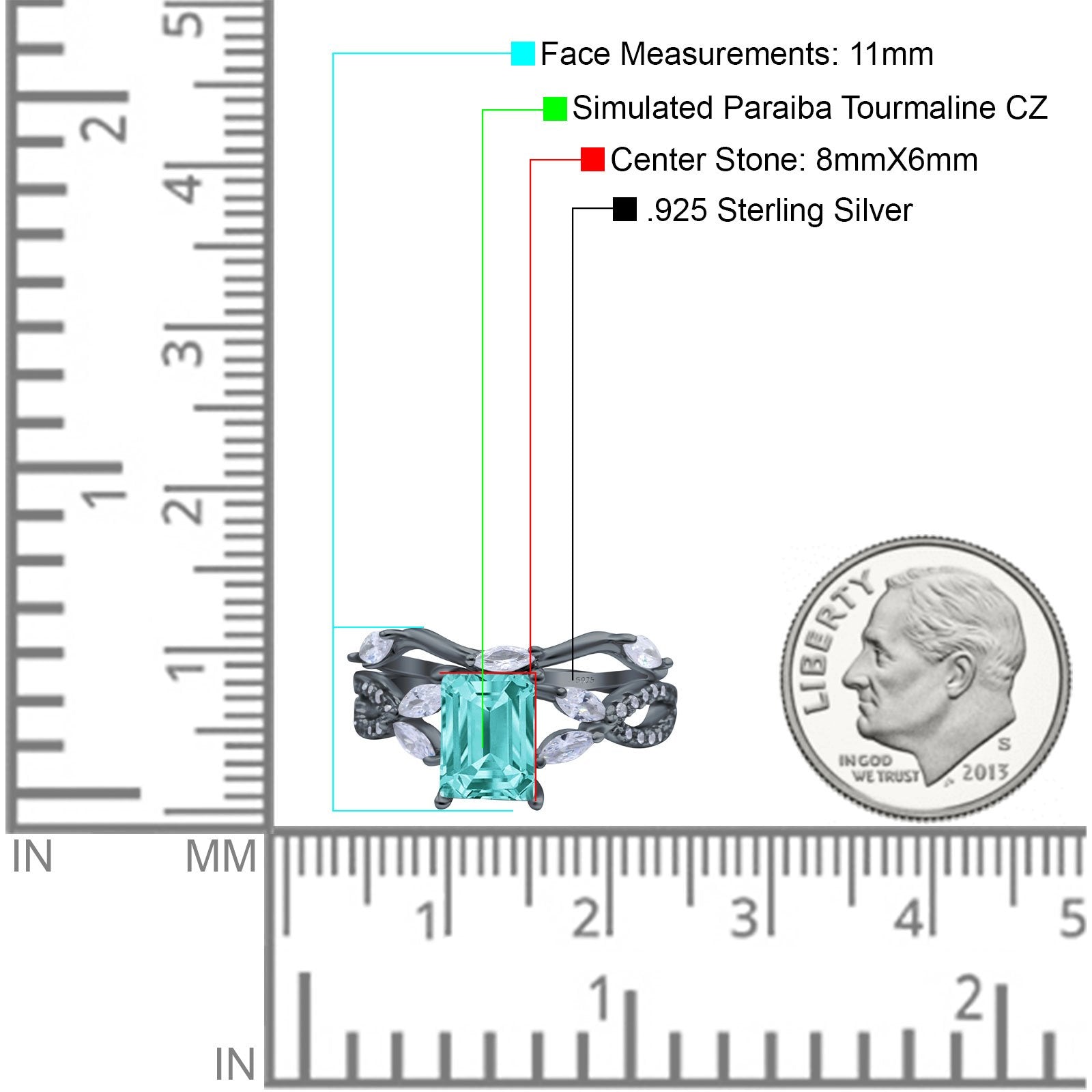 Two Piece Art Deco Emerald Cut Wedding Bridal Ring Black Tone, Simulated Paraiba Tourmaline CZ 925 Sterling Silver