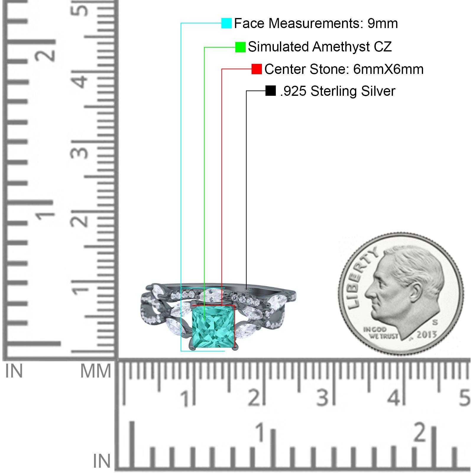 Two Piece Bridal Ring Art Deco Princess Cut Engagement Black Tone, Simulated Paraiba Tourmaline CZ 925 Sterling Silver