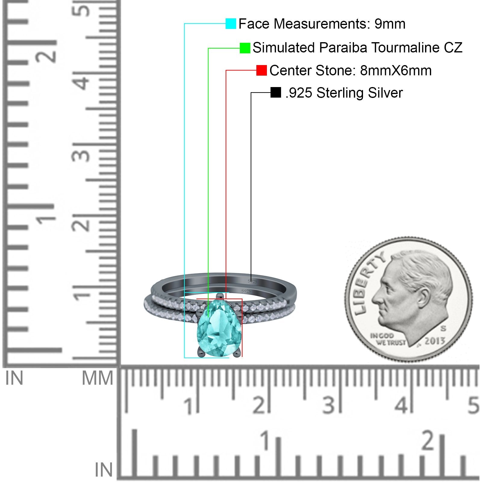 Two Piece Art Deco Pear Engagement Bridal Ring Band Black Tone, Simulated Paraiba Tourmaline CZ 925 Sterling Silver