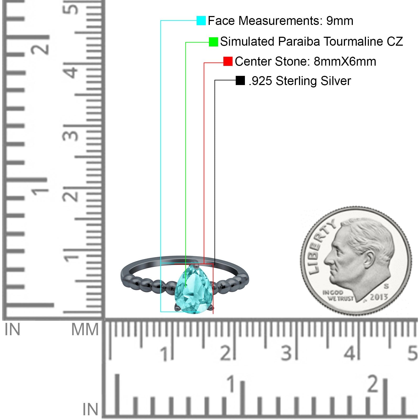 Teardrop Art Deco Pear Wedding Ring Black Tone, Simulated Paraiba Tourmaline CZ 925 Sterling Silver