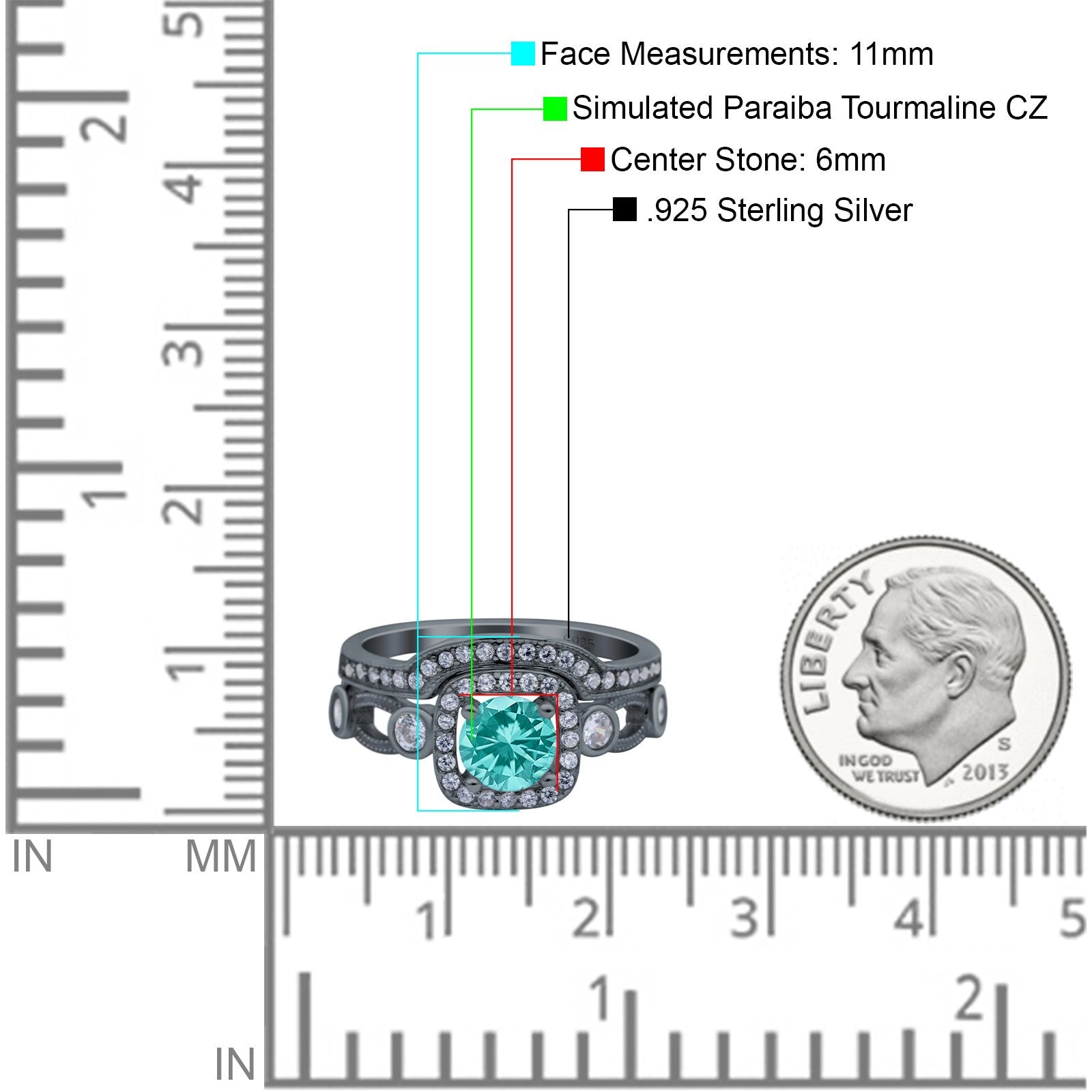 Two Piece Art Deco Wedding Ring Band Round Black Tone, Simulated Paraiba Tourmaline CZ 925 Sterling Silver