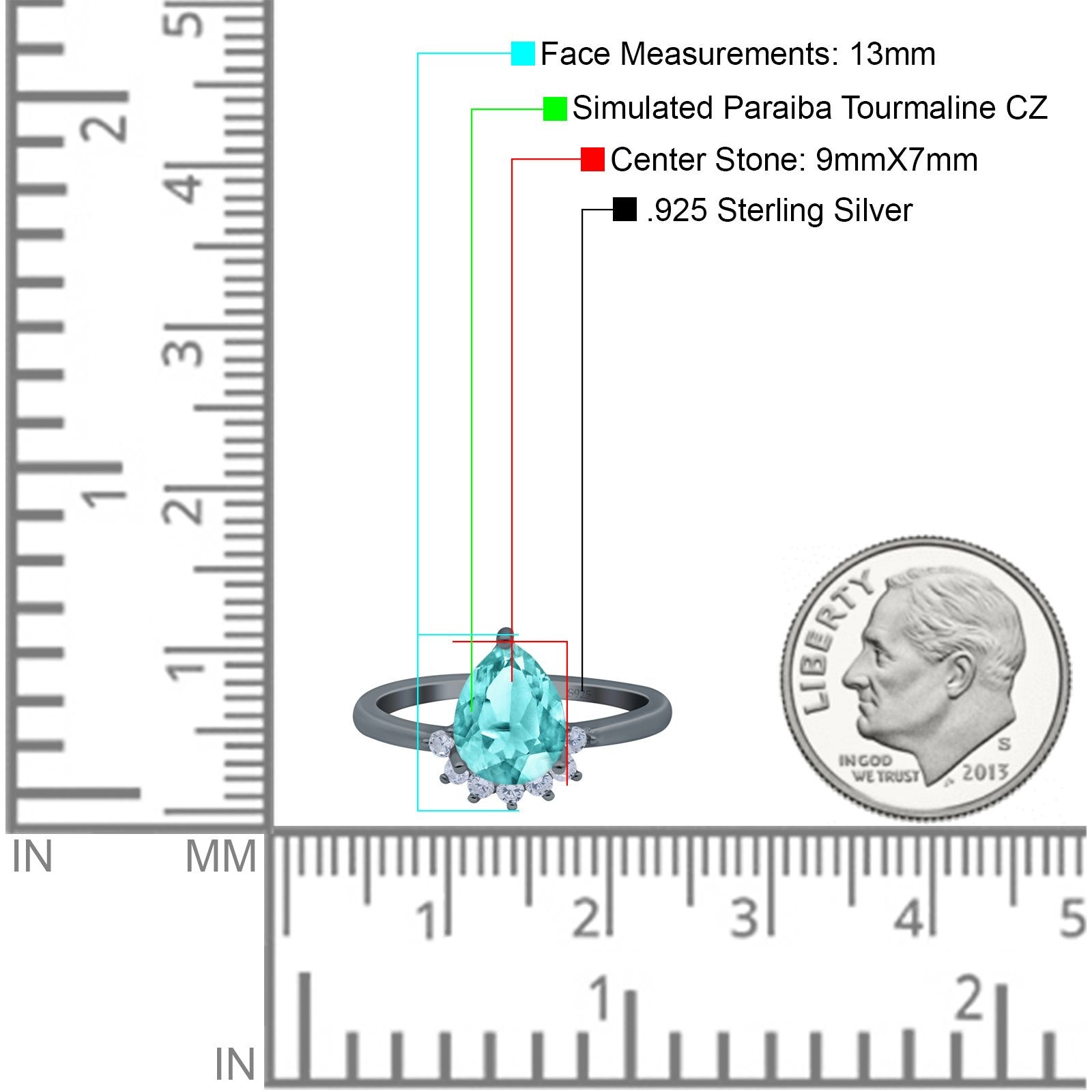 Teardrop Art Deco Pear Engagement Ring Black Tone, Simulated Paraiba Tourmaline CZ 925 Sterling Silver