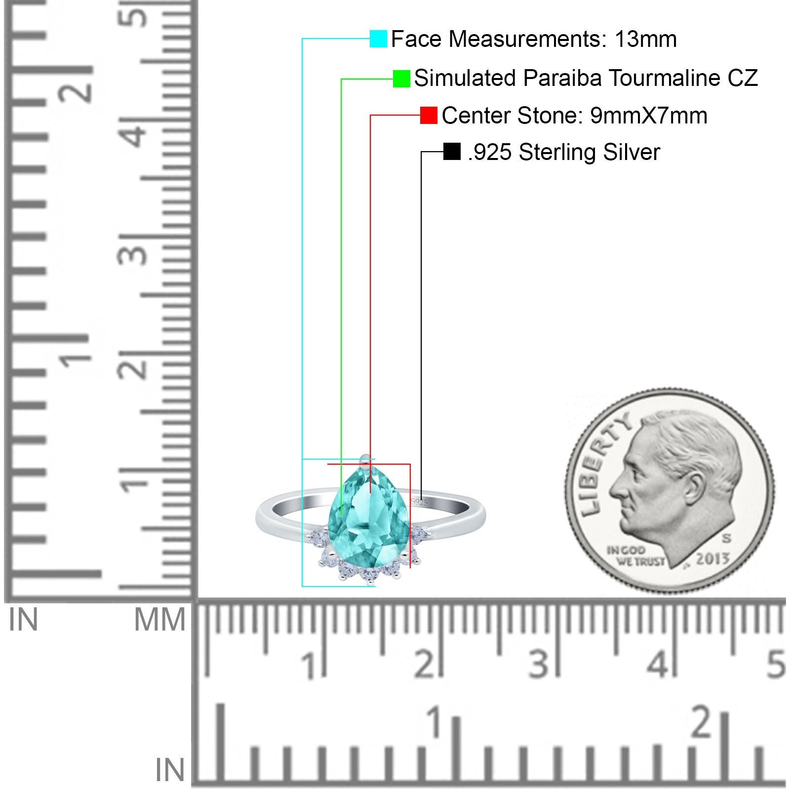 Teardrop Art Deco Pear Engagement Ring Simulated Paraiba Tourmaline CZ 925 Sterling Silver