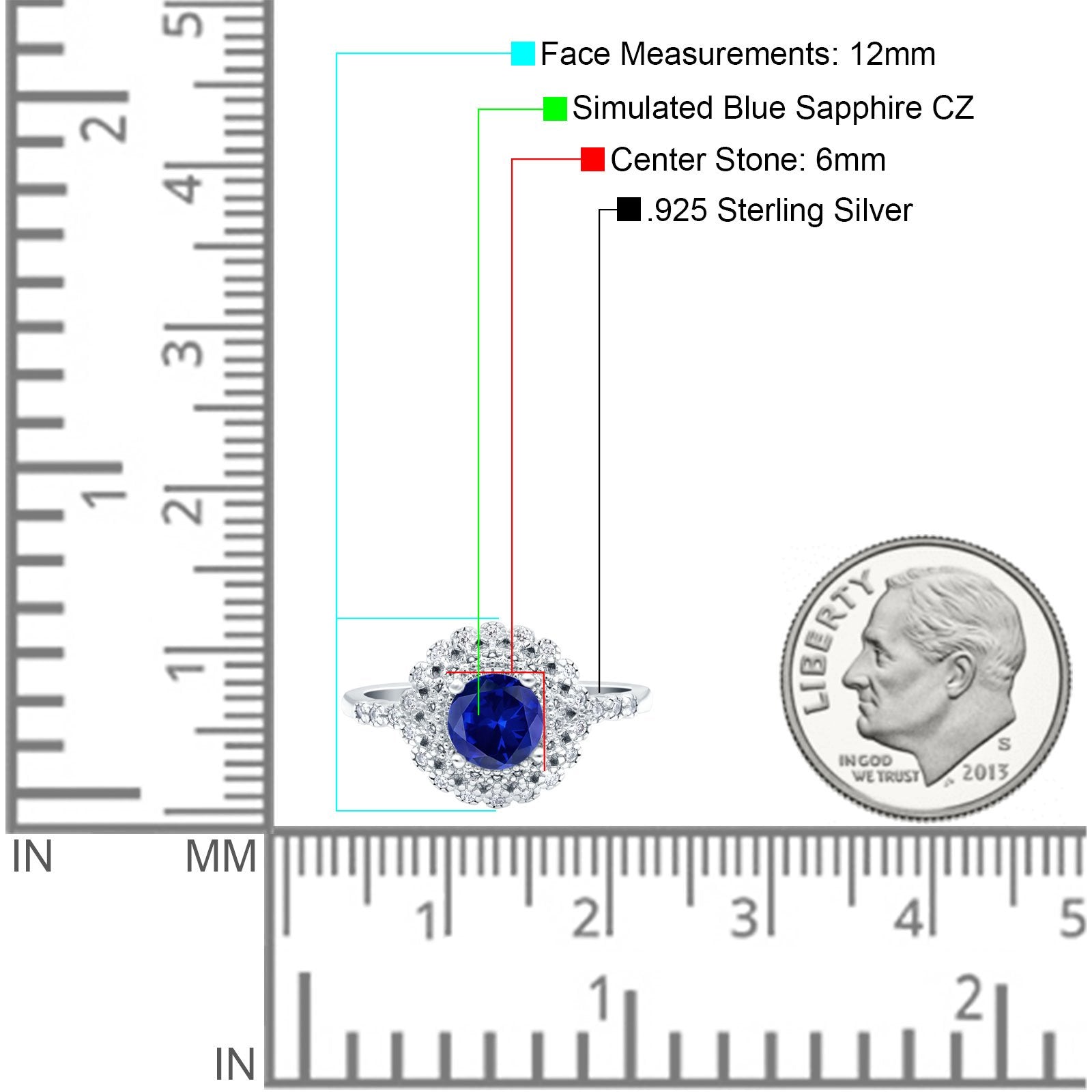 Halo Art Deco Wedding Ring Round Simulated Blue Sapphire CZ 925 Sterling Silver