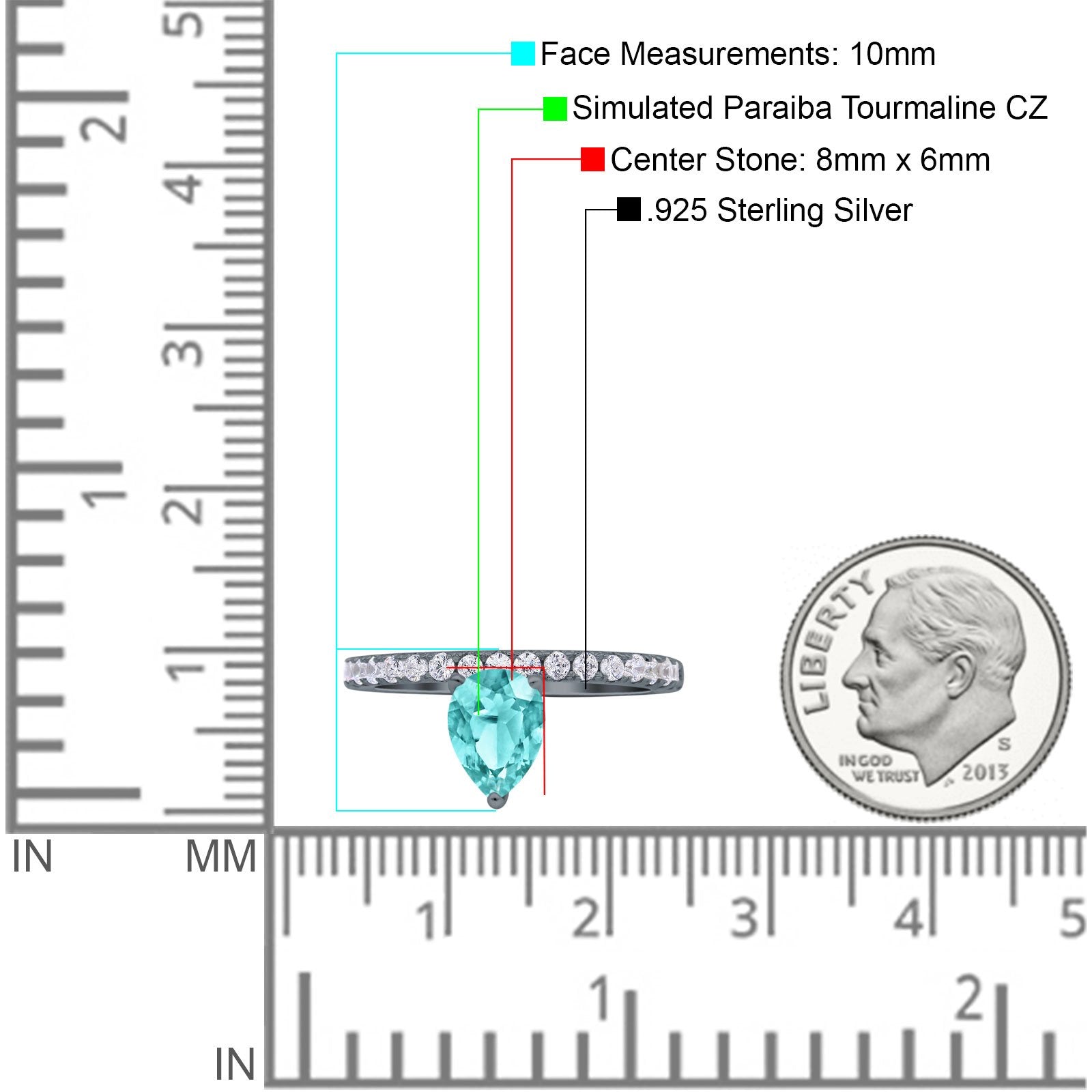 Teardrop Art Deco Pear Wedding Bridal Ring Black Tone, Simulated Paraiba Tourmaline CZ 925 Sterling Silver