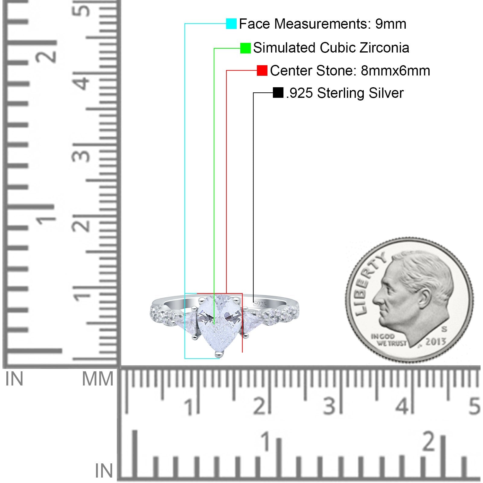 Art Deco Pear Shape Wedding Bridal Ring Simulated Cubic Zirconia 925 Sterling Silver