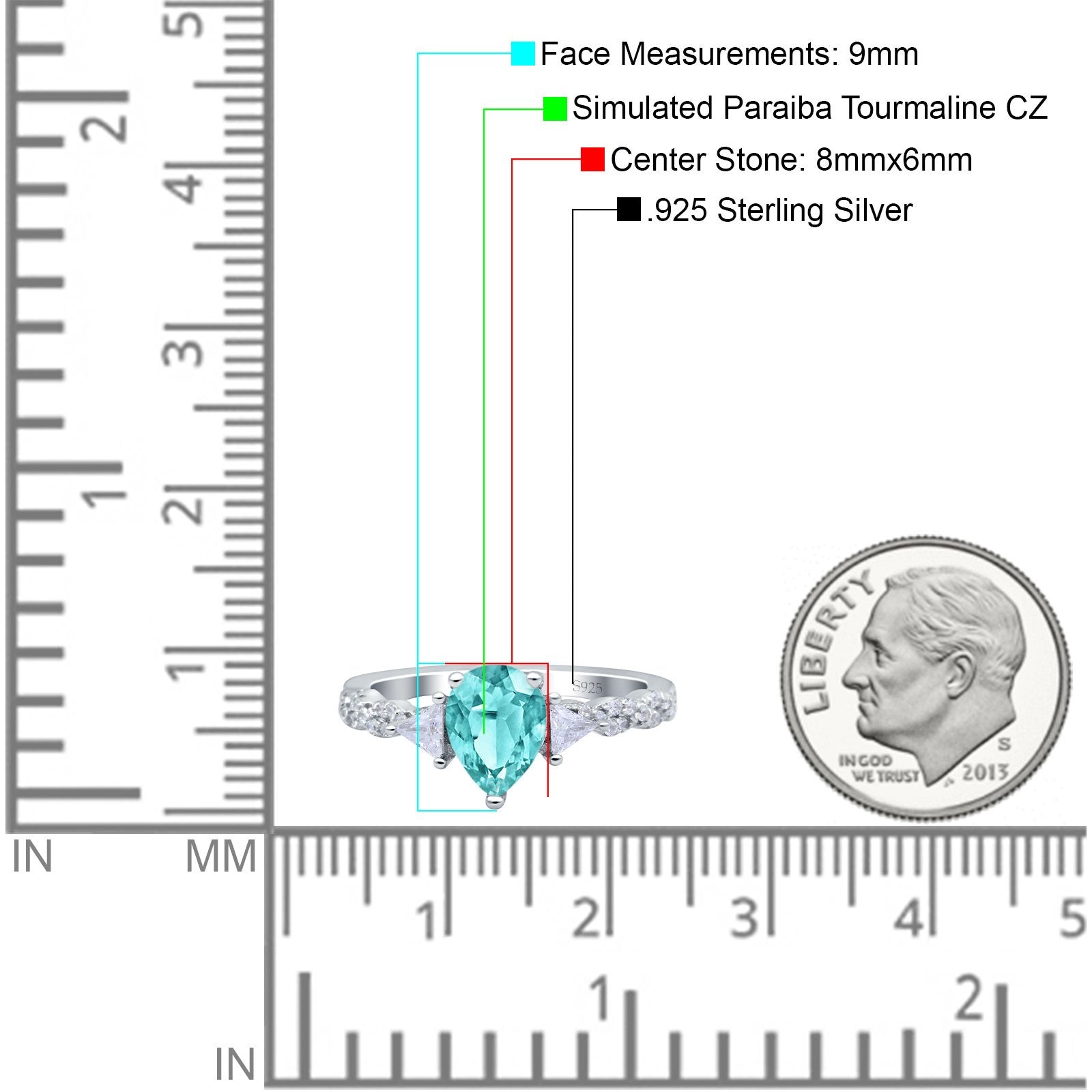 Art Deco Pear Shape Wedding Bridal Ring Simulated Paraiba Tourmaline CZ 925 Sterling Silver