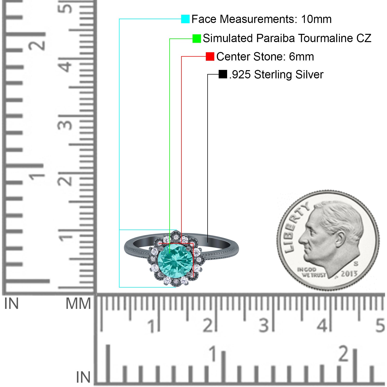 Halo Floral Style Art Deco Round Wedding Engagement Ring Black Tone, Simulated Paraiba Tourmaline CZ 925 Sterling Silver