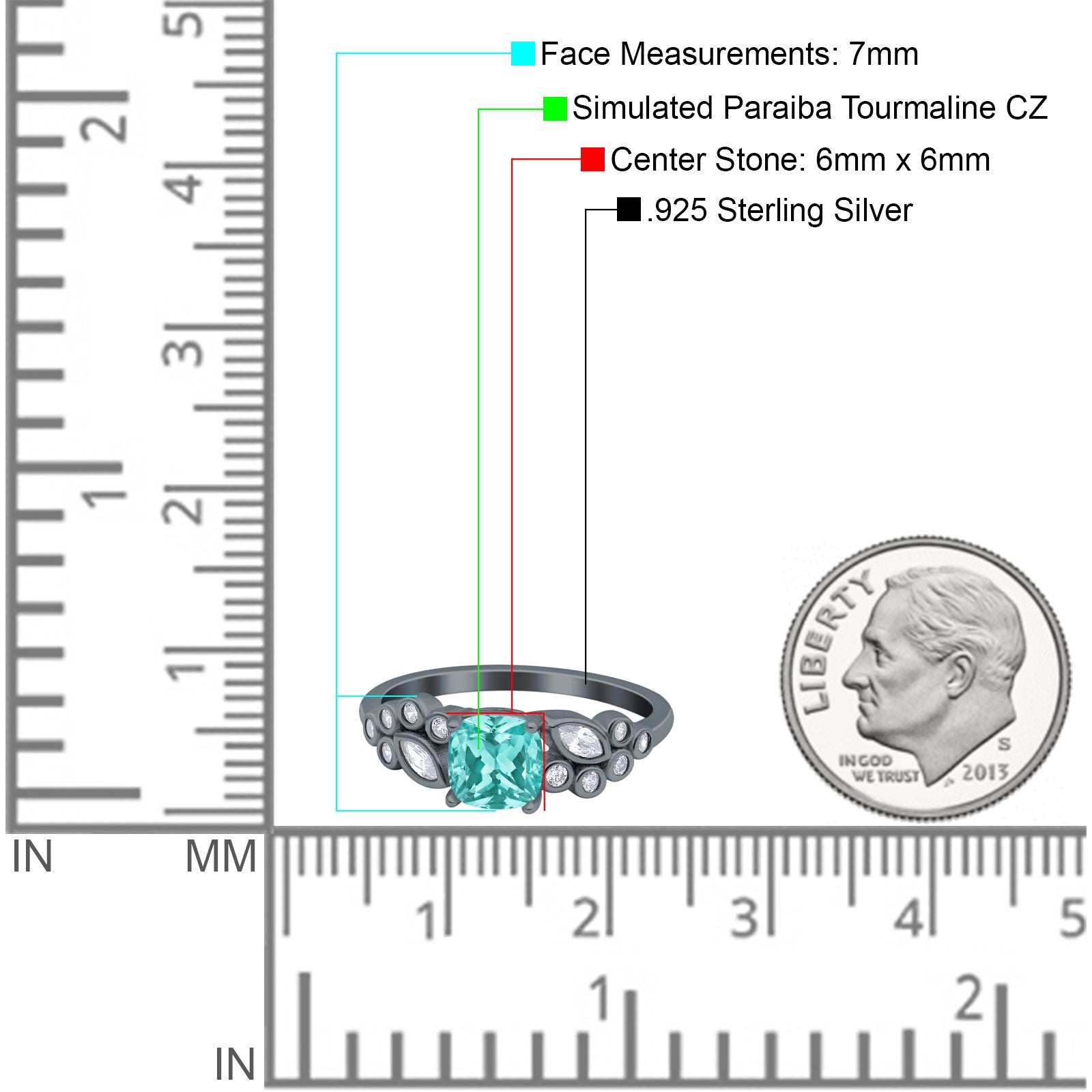 Vintage Style Cushion and Marquise Wedding Ring Black Tone, Simulated Paraiba Tourmaline CZ 925 Sterling Silver