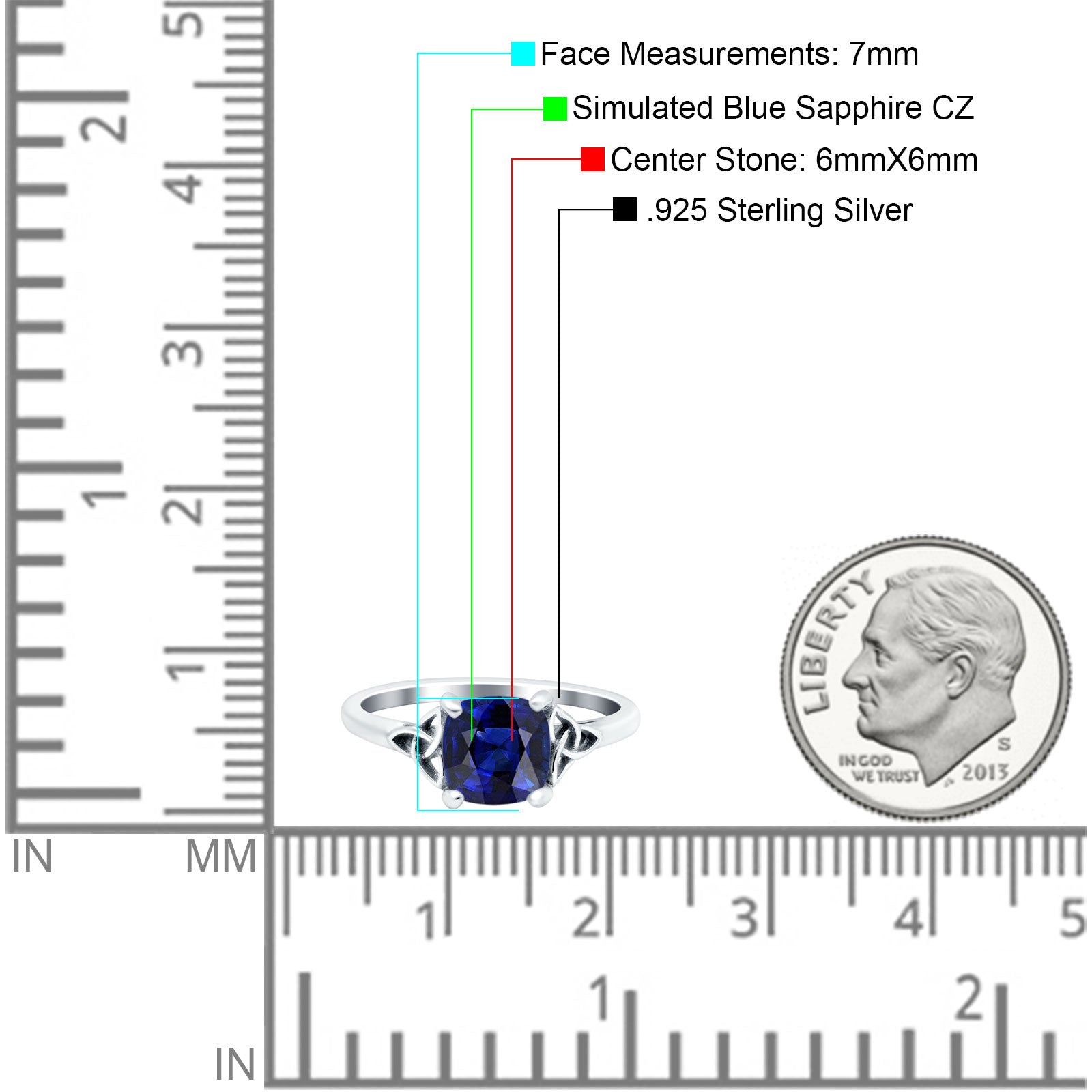 Celtic Art Deco Wedding Bridal Ring Round Simulated Blue Sapphire CZ 925 Sterling Silver