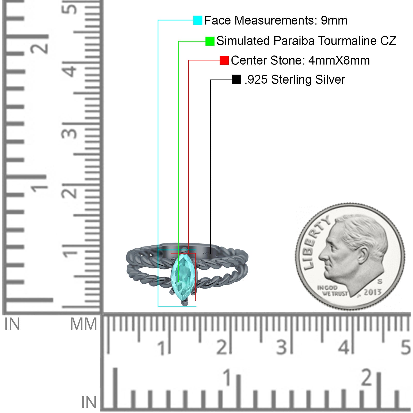 Double Rope Twisted Style Art Deco Marquise Wedding Ring Black Tone, Simulated Paraiba Tourmaline CZ 925 Sterling Silver