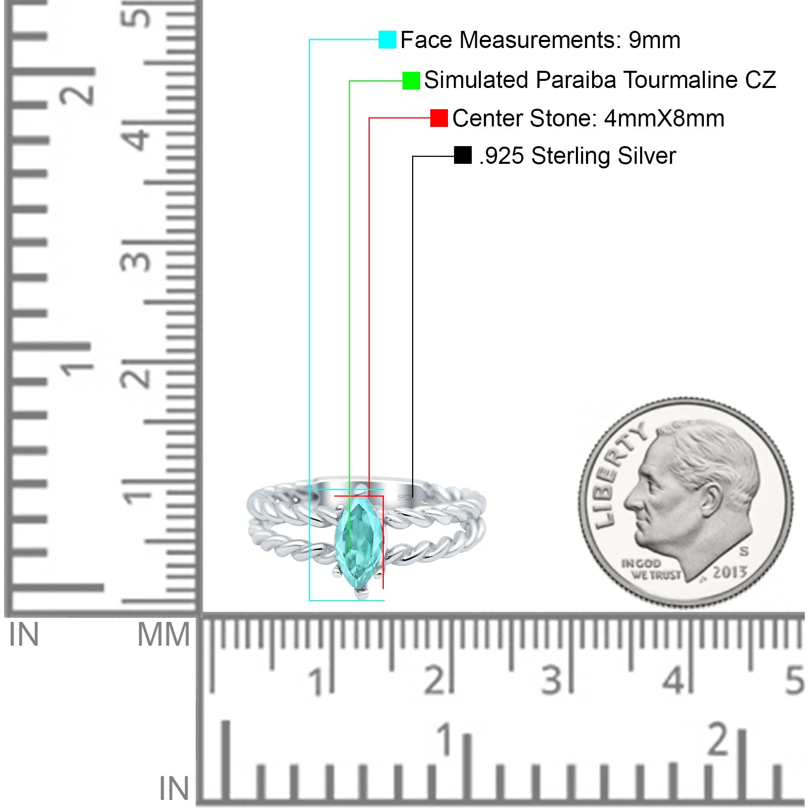 Double Rope Twisted Style Art Deco Marquise Wedding Ring Simulated Paraiba Tourmaline CZ 925 Sterling Silver