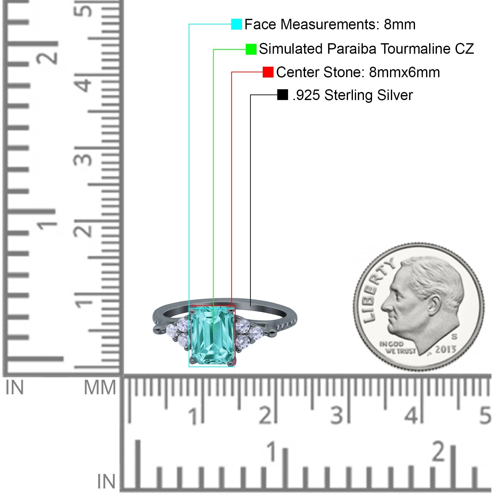 Art Deco Emerald Cut Wedding Bridal Ring Black Tone, Simulated Paraiba Tourmaline CZ 925 Sterling Silver