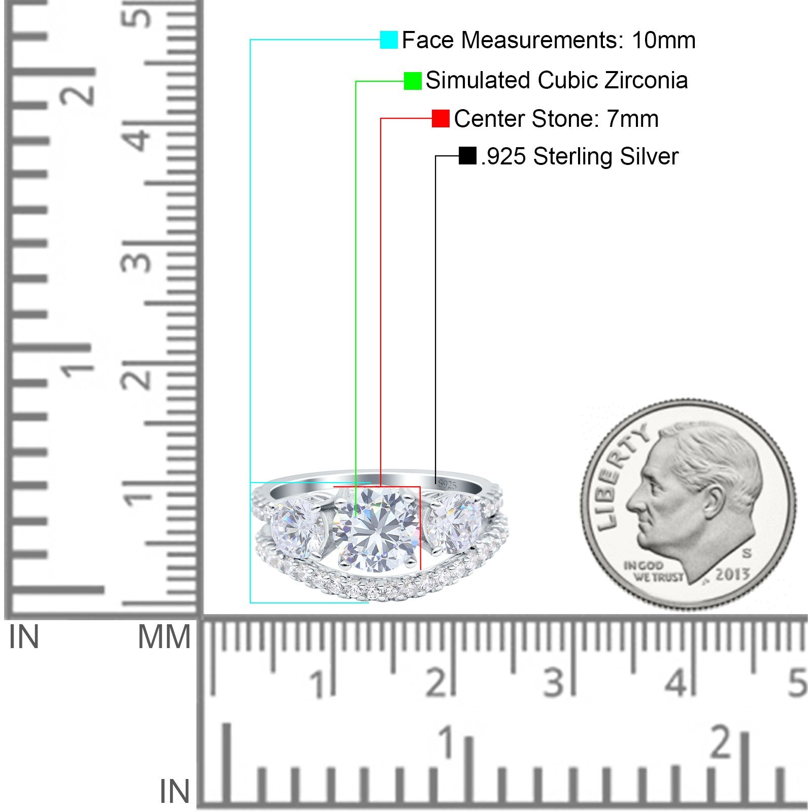 Three Stone Art Deco Wedding Piece Ring Round Simulated Cubic Zirconia 925 Sterling Silver