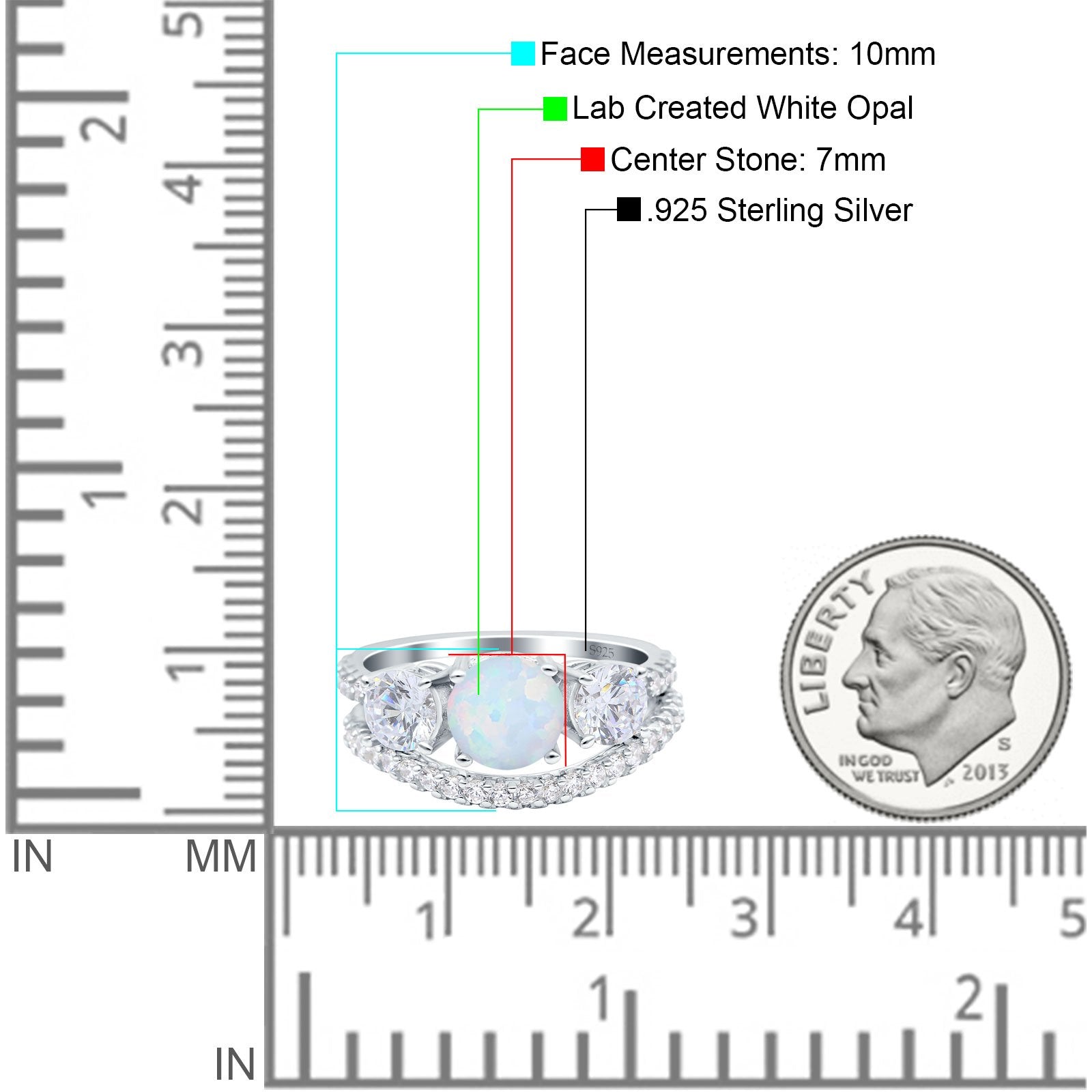 Three Stone Art Deco Wedding Piece Ring Round Lab Created White Opal 925 Sterling Silver