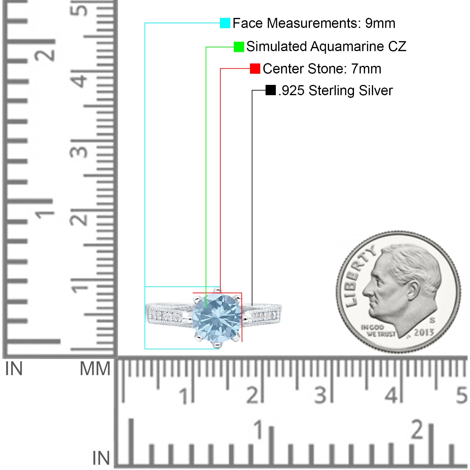 Art Deco Wedding Engagement Bridal Ring Simulated Aquamarine Cubic Zirconia 925 Sterling Silver