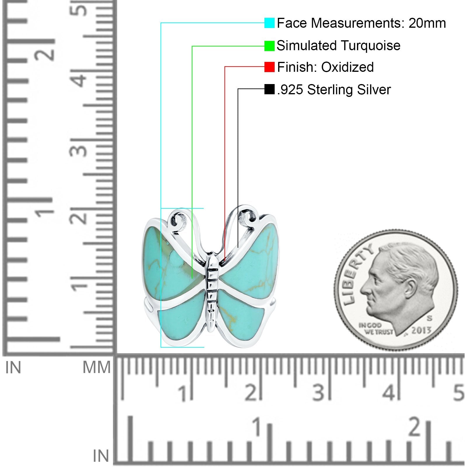 Butterfly Band Oxidized Thumb Ring Simulated Turquoise CZ 925 Sterling Silver