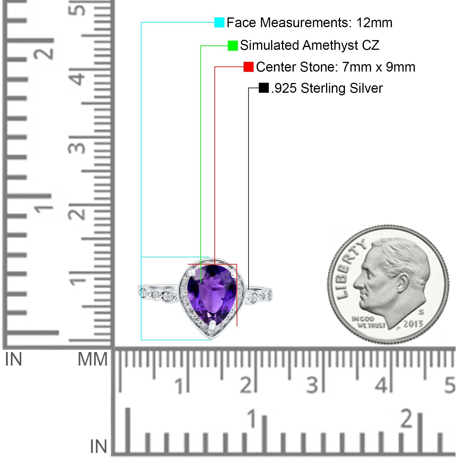 Teardrop Pear Art Deco Wedding Ring Simulated Amethyst CZ 925 Sterling Silver