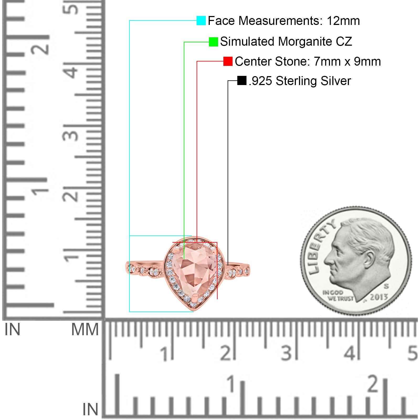 Teardrop Pear Art Deco Wedding Ring Rose Tone, Simulated Morganite CZ 925 Sterling Silver