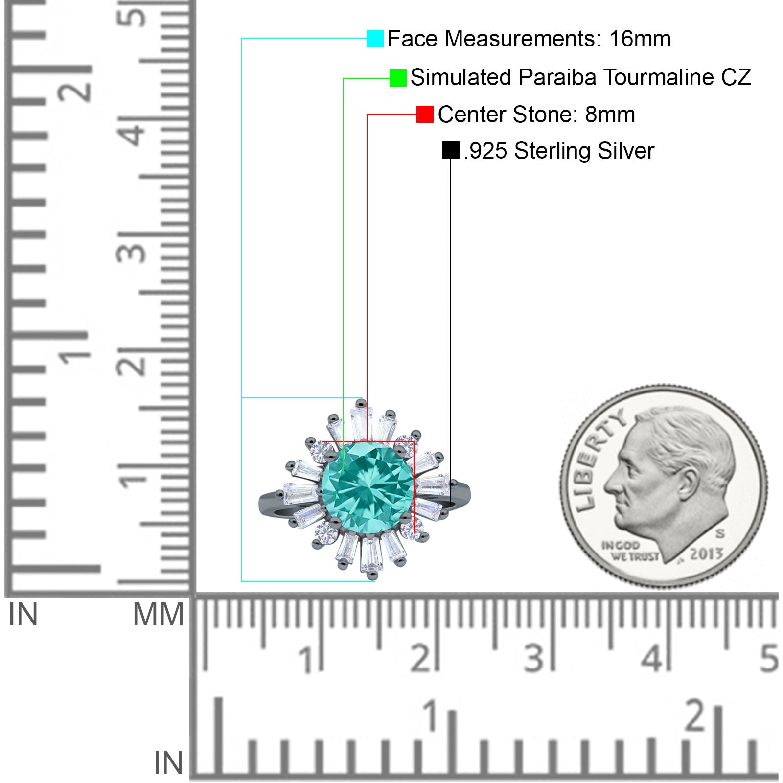 Art Deco Wedding Bridal Ring Baguette Round Black Tone, Simulated Paraiba Tourmaline CZ 925 Sterling Silver