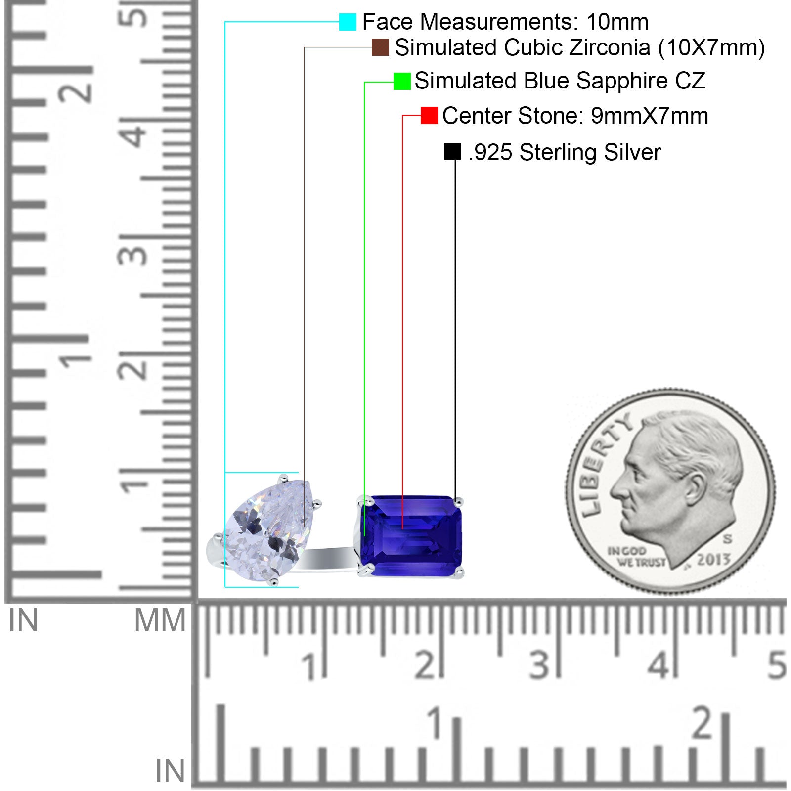 Open Teardrop Pear Emerald Cut Wedding Bridal Simulated Blue Sapphire CZ Cocktail Ring 925 Sterling Silver
