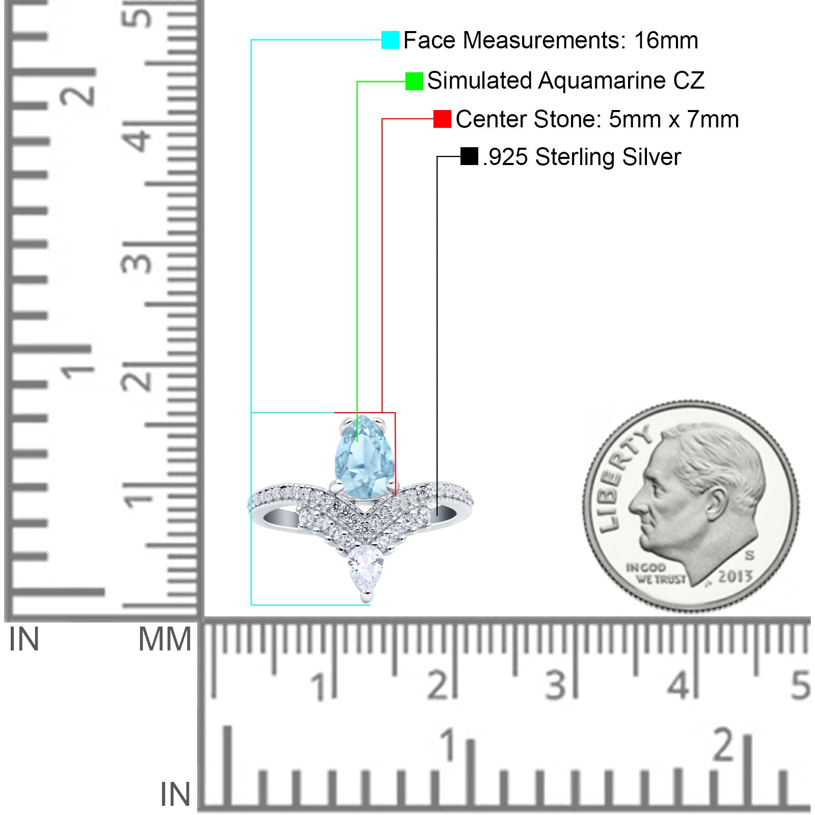 Art Deco Solitaire Accent Pear Wedding Bridal Ring Band Simulated Aquamarine CZ 925 Sterling Silver