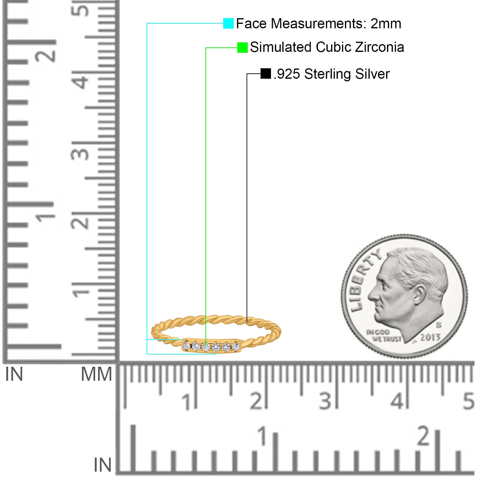 Half Eternity Ring Wedding Engagement Rope Band Round Yellow Tone, Simulated CZ 925 Sterling Silver (2mm)