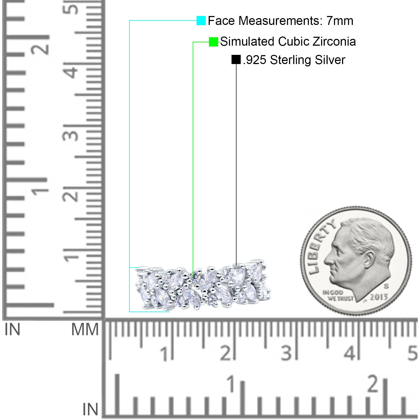 Half Eternity Ring Marquise Wedding Engagement Band Round Pave Simulated CZ 925 Sterling Silver (7mm)