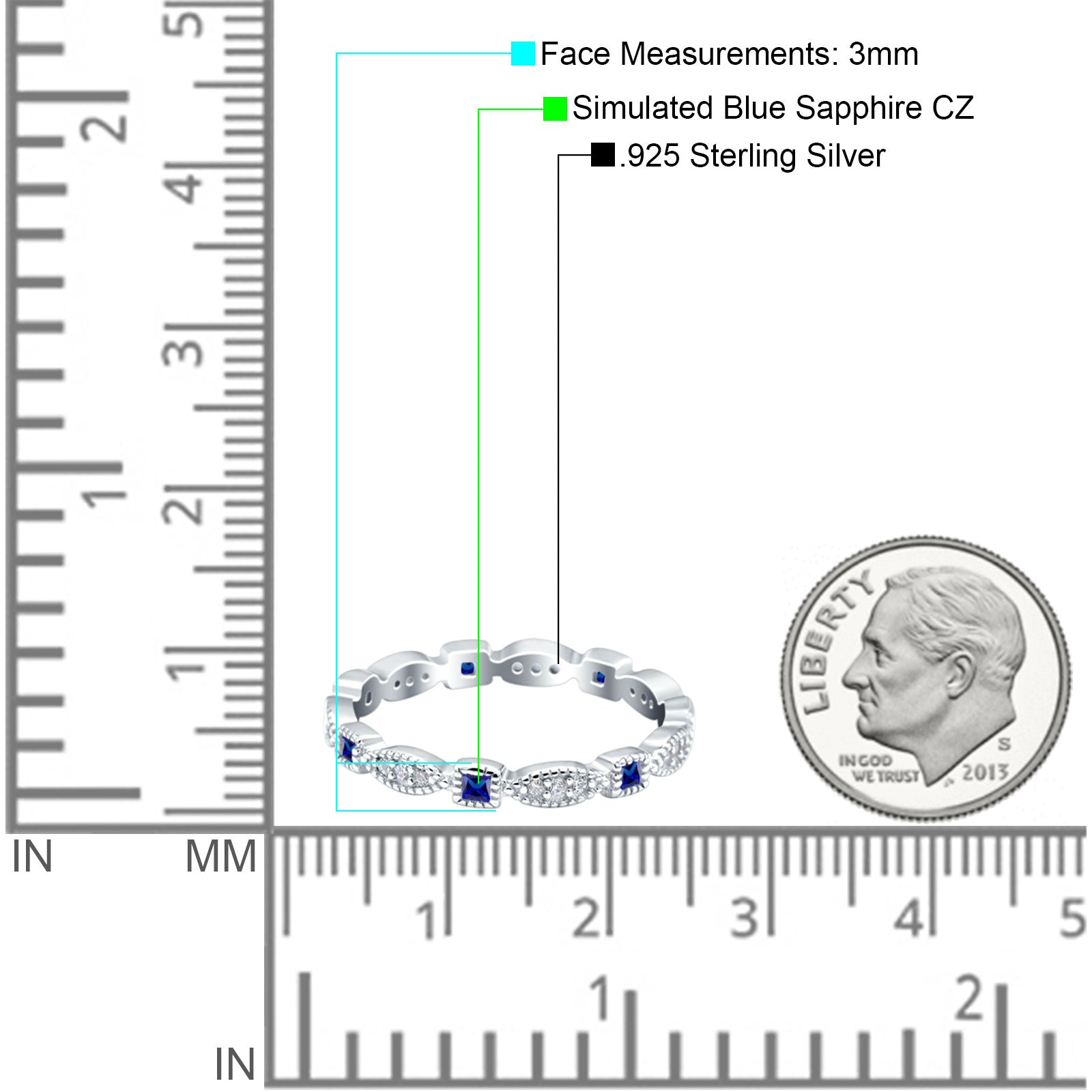 Full Eternity Stackable Ring Wedding Band Round Simulated Blue Sapphire CZ 925 Sterling Silver (3mm)