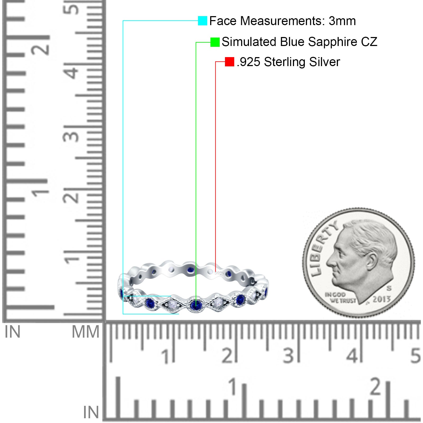 Full Eternity Stackable Ring Wedding Band Round Simulated Blue Sapphire CZ 925 Sterling Silver (3mm)