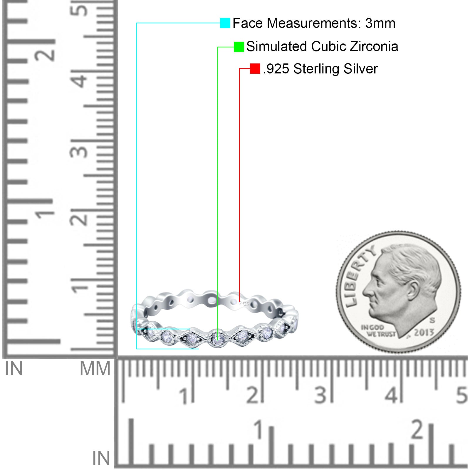 Full Eternity Stackable Ring Wedding Band Round Simulated CZ 925 Sterling Silver (3mm)