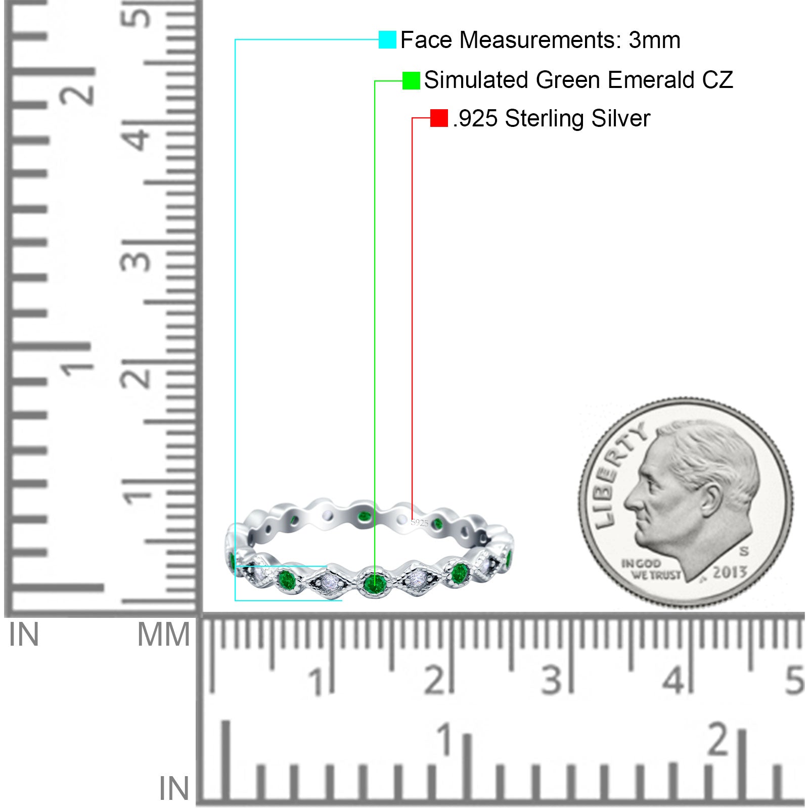 Full Eternity Stackable Ring Wedding Band Round Simulated Green Emerald CZ 925 Sterling Silver (3mm)