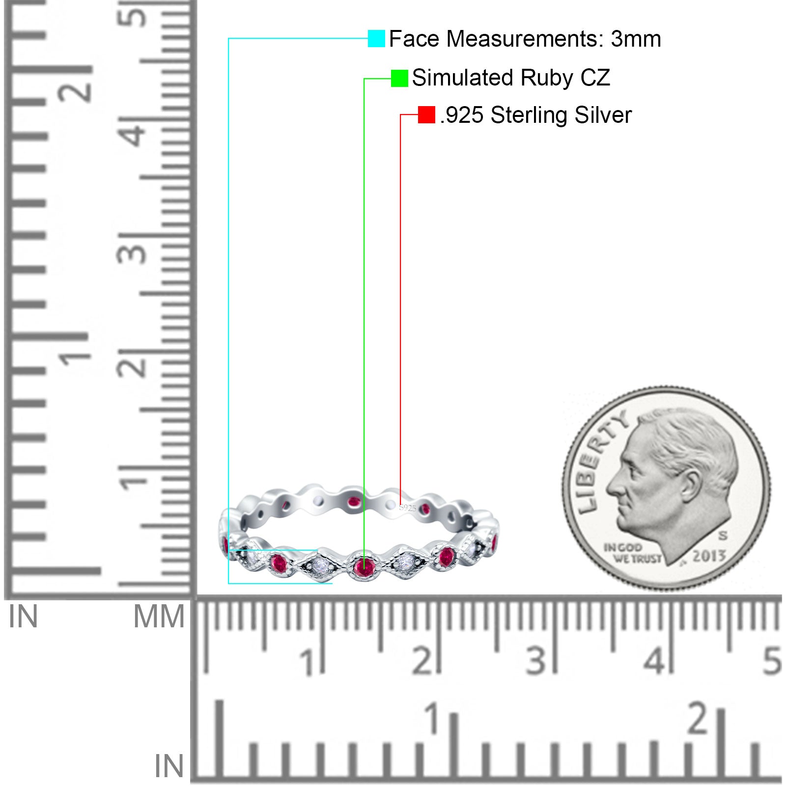 Full Eternity Stackable Ring Wedding Band Round Simulated Ruby CZ 925 Sterling Silver (3mm)