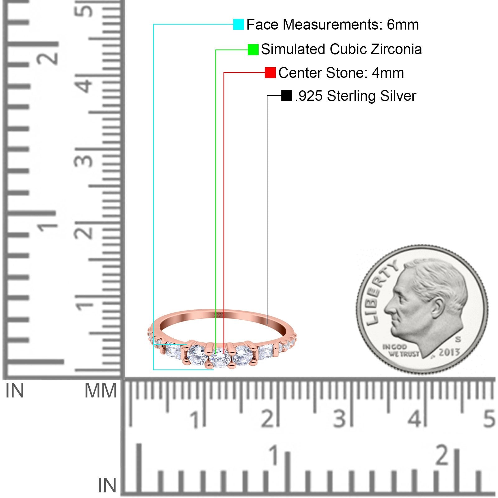 Simple Band Wedding Ring Baguette Round Rose Tone, Simulated Cubic Zirconia 925 Sterling Silver (6mm)