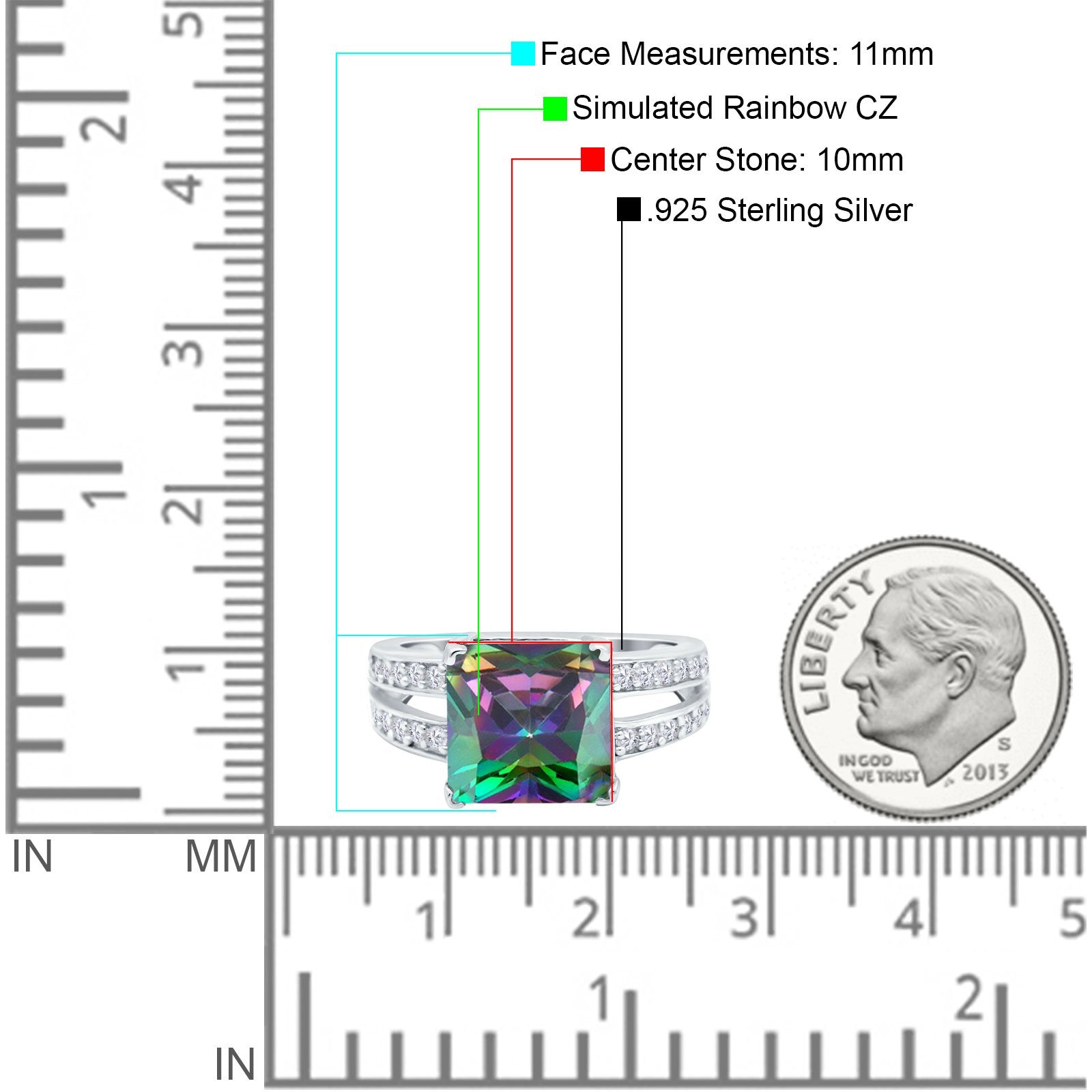 Princess Cut Art Deco Engagement Ring Simulated Rainbow CZ 925 Sterling Silver