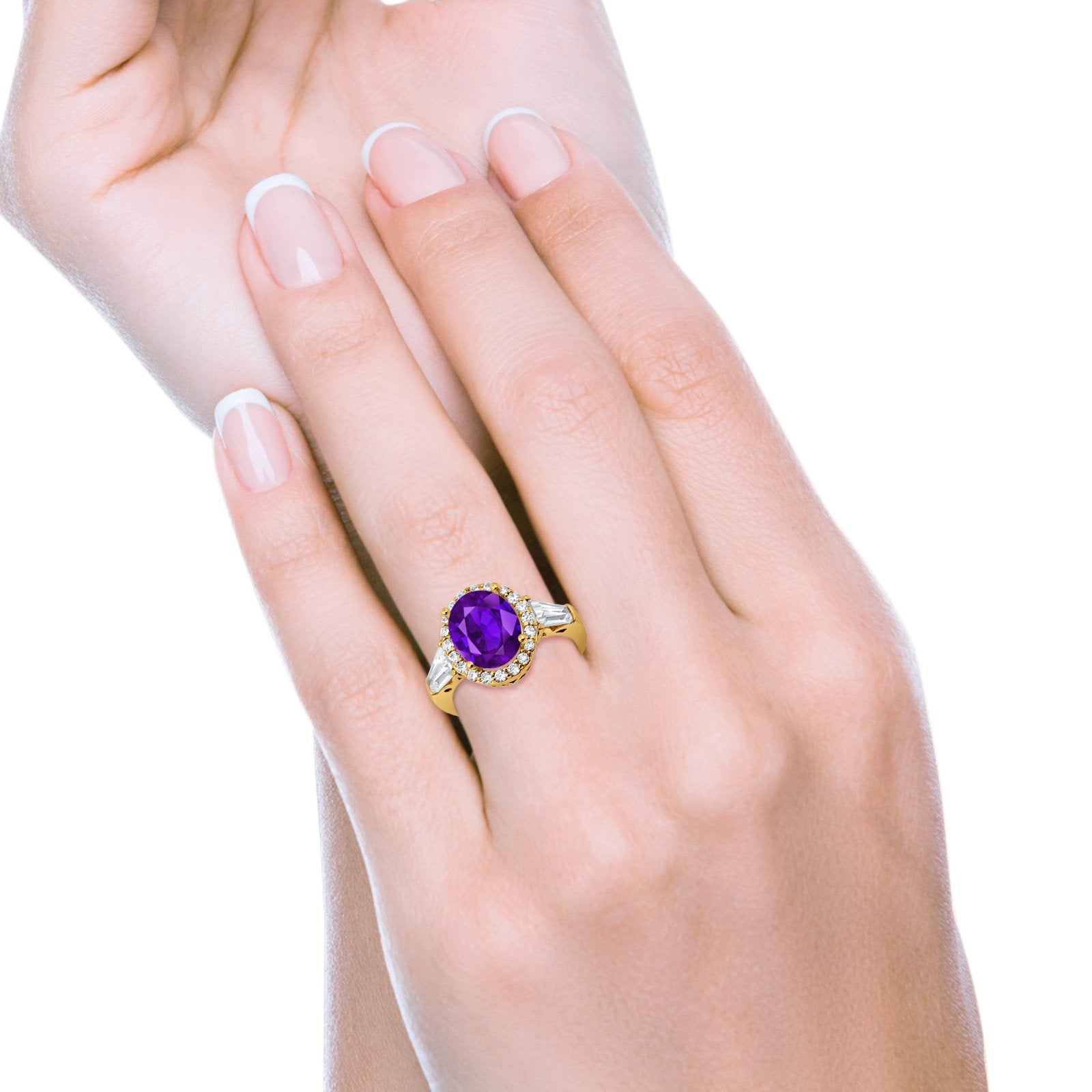 Halo Fashion Ring Baguette Yellow Tone, Simulated Amethyst CZ 925 Sterling Silver